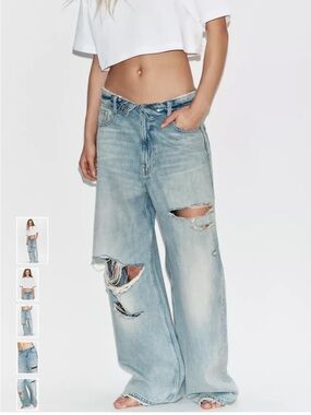 Zara Light Blue Distressed Wide-Leg Jeans - Women
